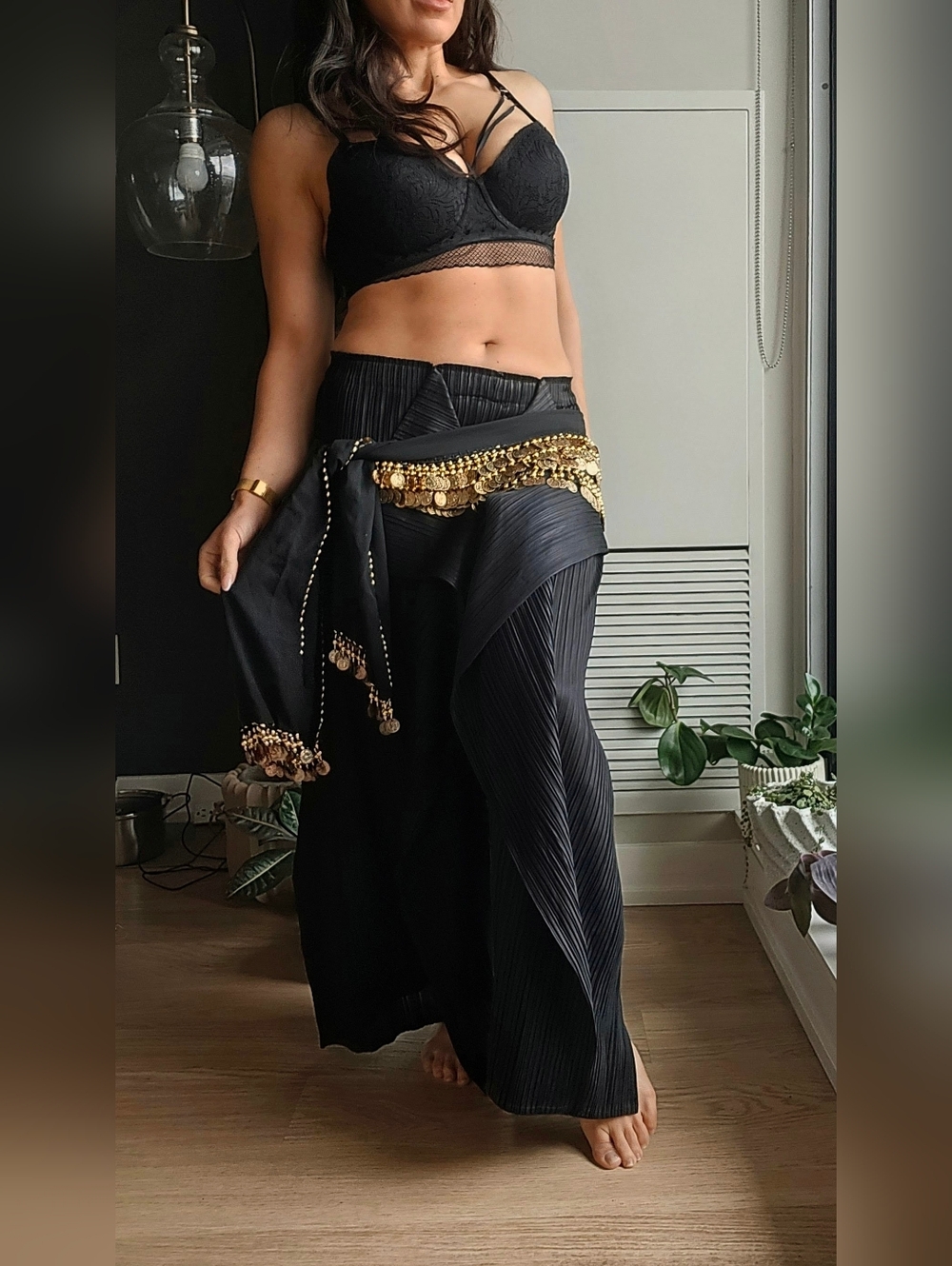 Black Hip Scarf With Gold Coin Accents
